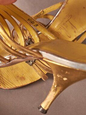 1950s Shiny Gold and Jeweled Strapy Heels Petite Shoes